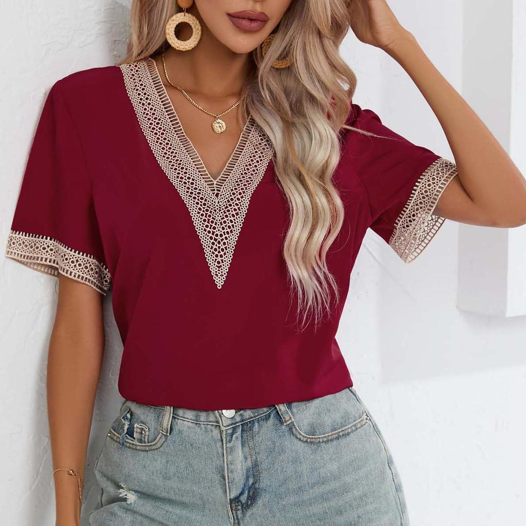 QICED Damenmode, lässig, Sommer, einfarbig, kurzärmelig, V-Ausschnitt, Blusen und Hemden