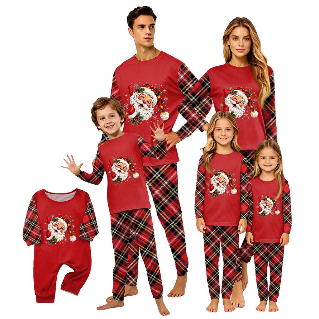 Christmas-print long-sleeve and long-pant matching family loungewear set