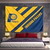 Bold Diagonal Lines and Text In Yellow and Blue with a Basketball Logo. Patterned Tapestry for Bedroom and Living Room Home Decor