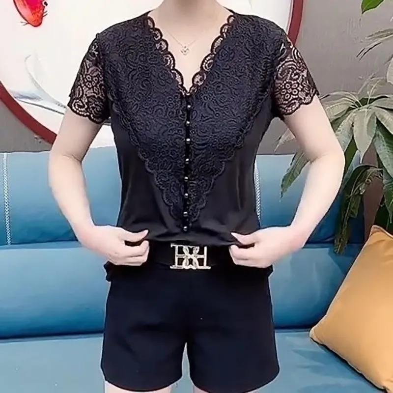 Women's Summer Short Sleeve Elegant V-Neck Lace Patchwork Clothing Design Pearl Button T-shirt