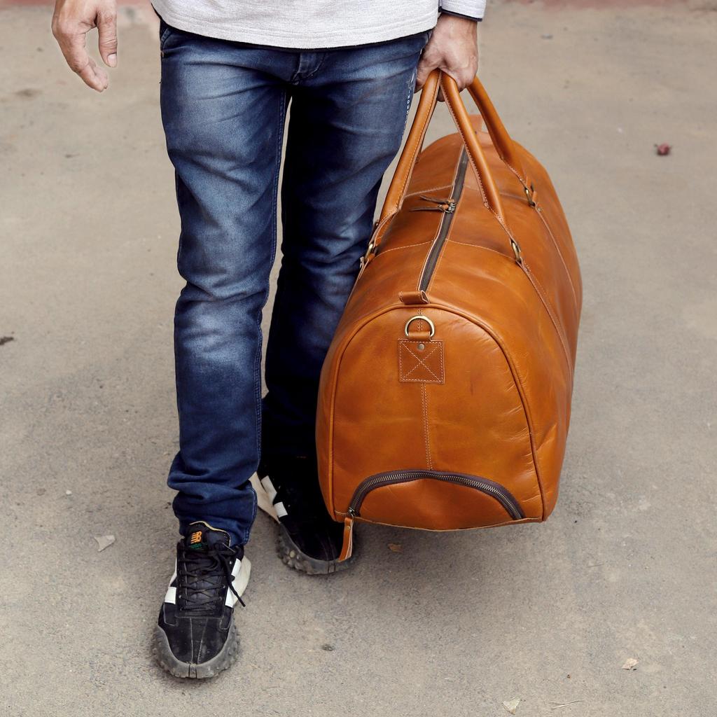 Handmade Leather Trolley Duffel: Personalized Mens Weekender Holdall Bag Gift him