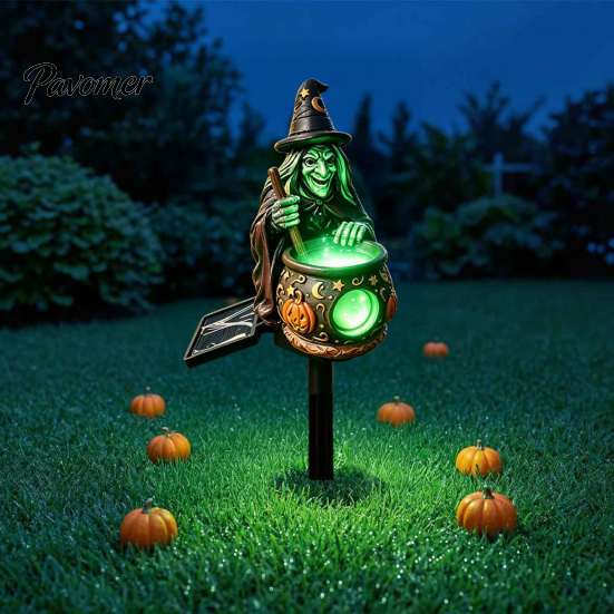 Whimsical Witch Hat Figurine Solar Cauldron Garden Stake Light, Resin Halloween Glowing Pathway Unique Pumpkin Pattern Decor Lamp, Waterproof Outdoor