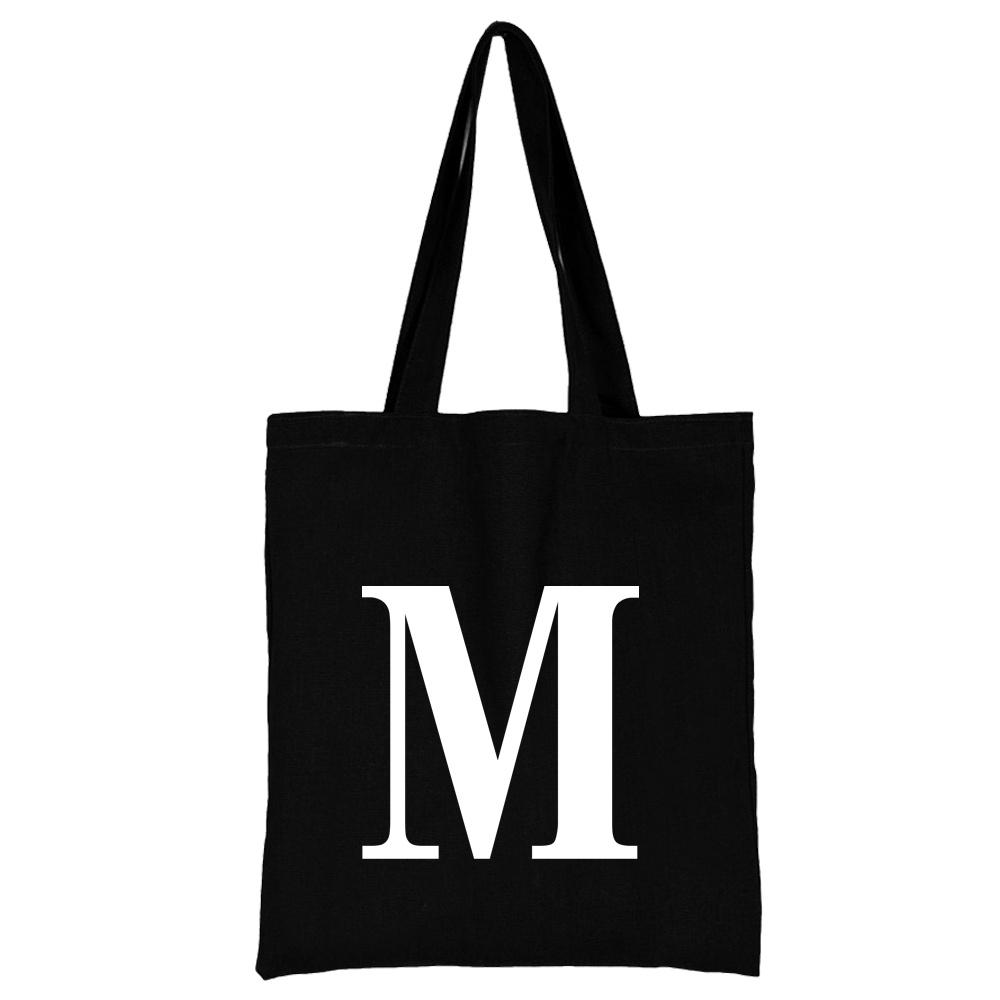 Women's Black Shopping Bag Casual Large-capacity White Letters Initial Name Pattern Printing Series Canvas Shoulder Bag Reusable