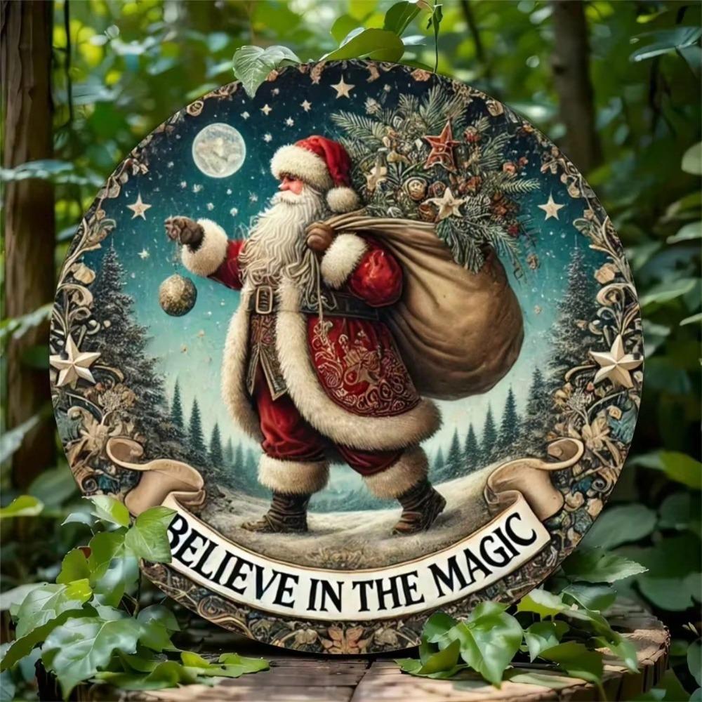 Christmas Santa Claus Snow Scene Metal Wall Art Round Home Decor Sign