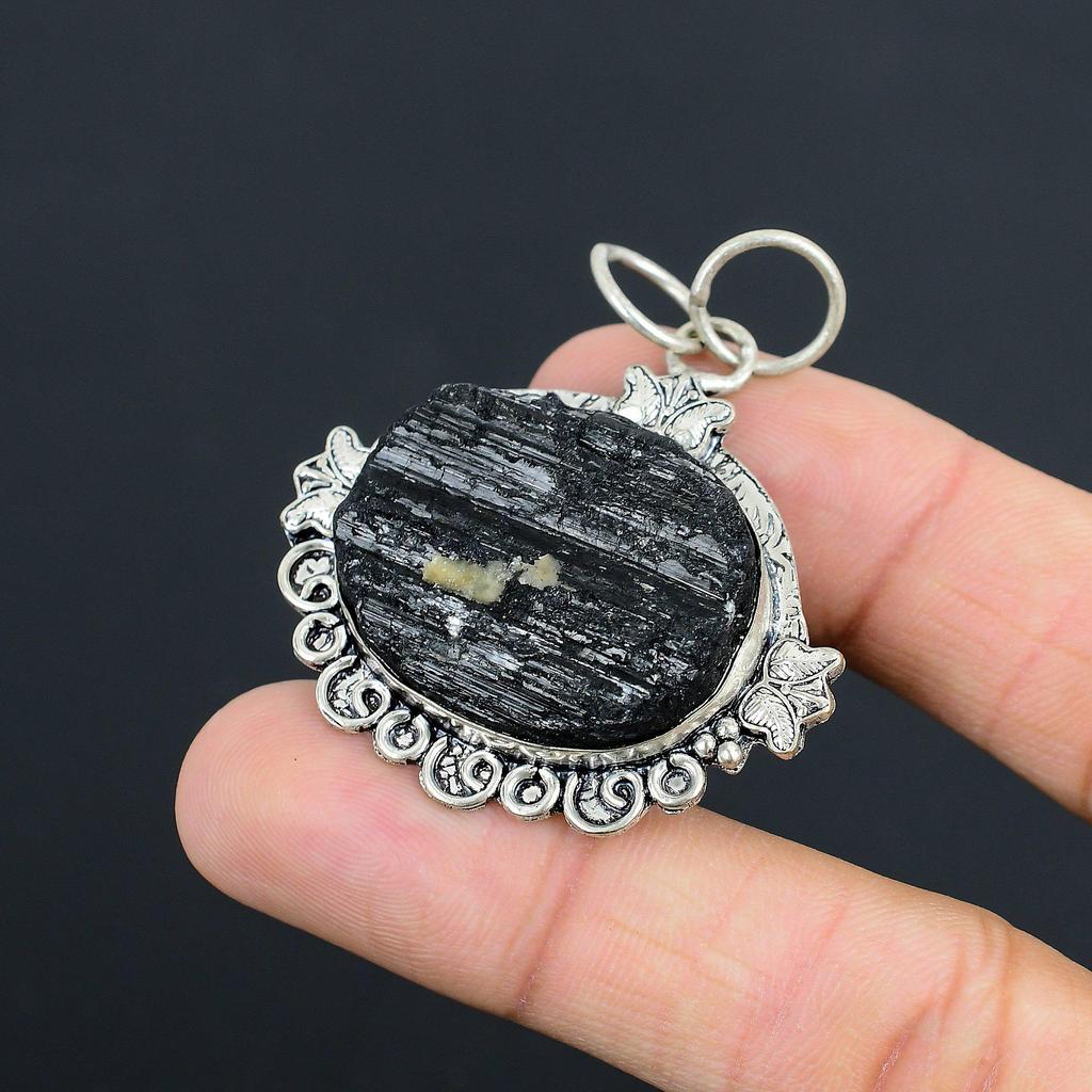 Daughters Day Sale 925 Silver Black Tourmaline Rough Stone Handcrafted Pendant