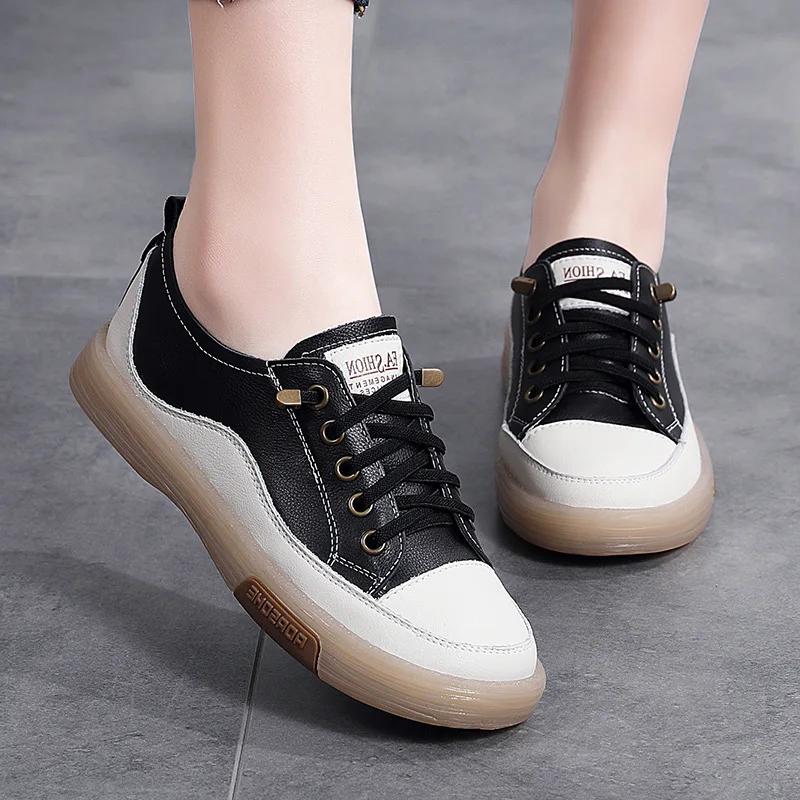 Móda Pravá Kůže Dámské Boty na Chůzi s Měkkou Podrážkou Letní Studentské Běžecké Tenisky Ležérní Bílé Černé Baleríny Dámské Skate Trenéry