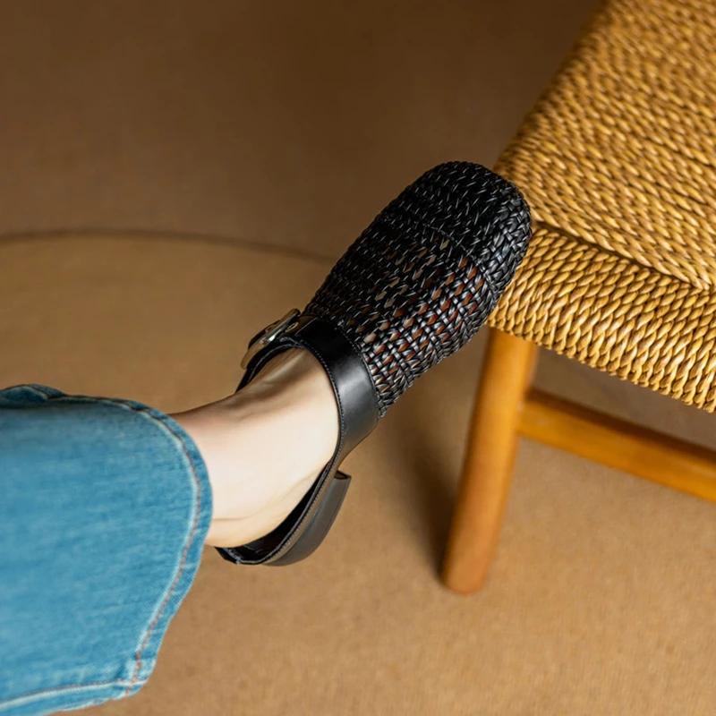 Fashion 2025 New Summer Women Mules Leather Women Shoes Round Toe Chunky Heel Microfiber Weave Sandals Cover Toe Women Slippers