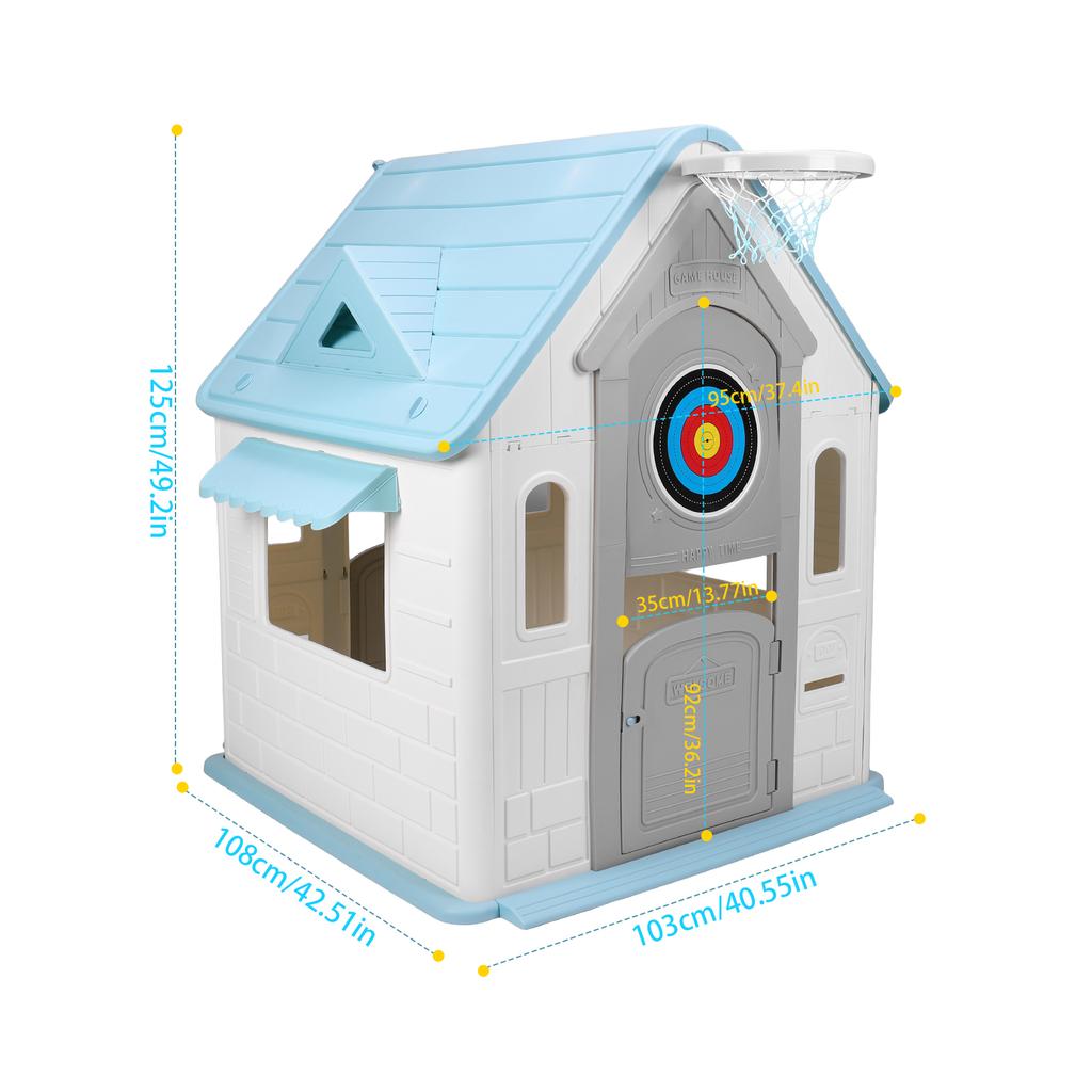Kids Playhouse with Basketball Hoop Dartboard Indoor/Outdoor Playset Garden Games Cottage for Toddlers