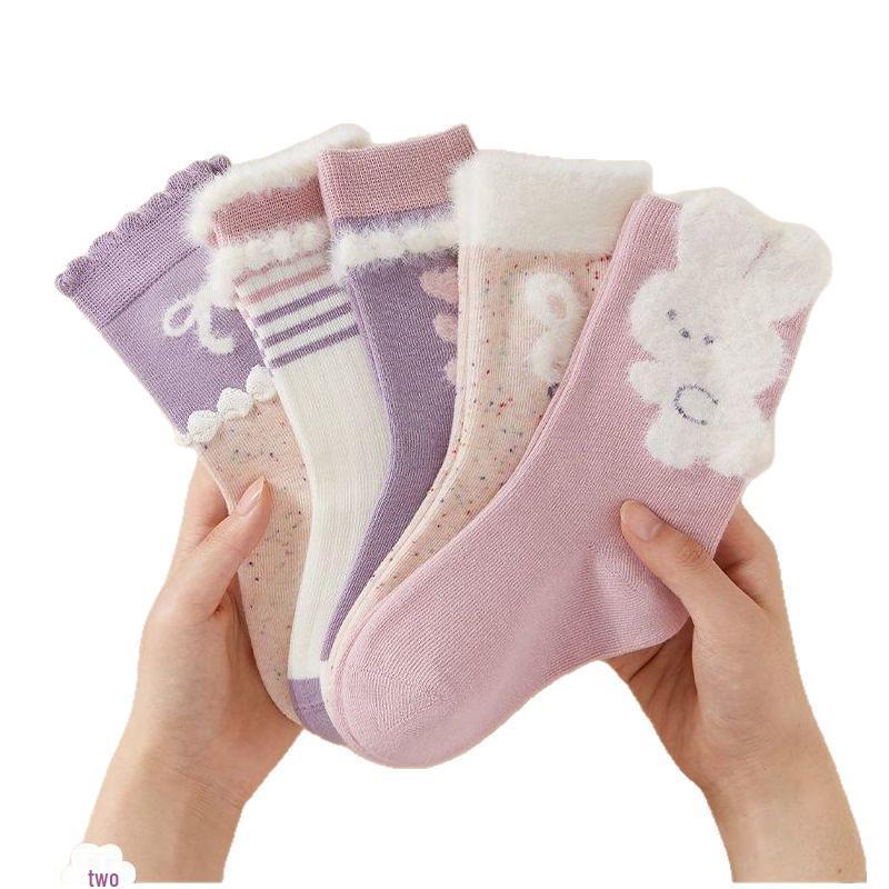 Warm Lace Princess Cotton Socks for Girls – Cute Cartoon Design, Mid-Calf, Thickened for Autumn/Winter