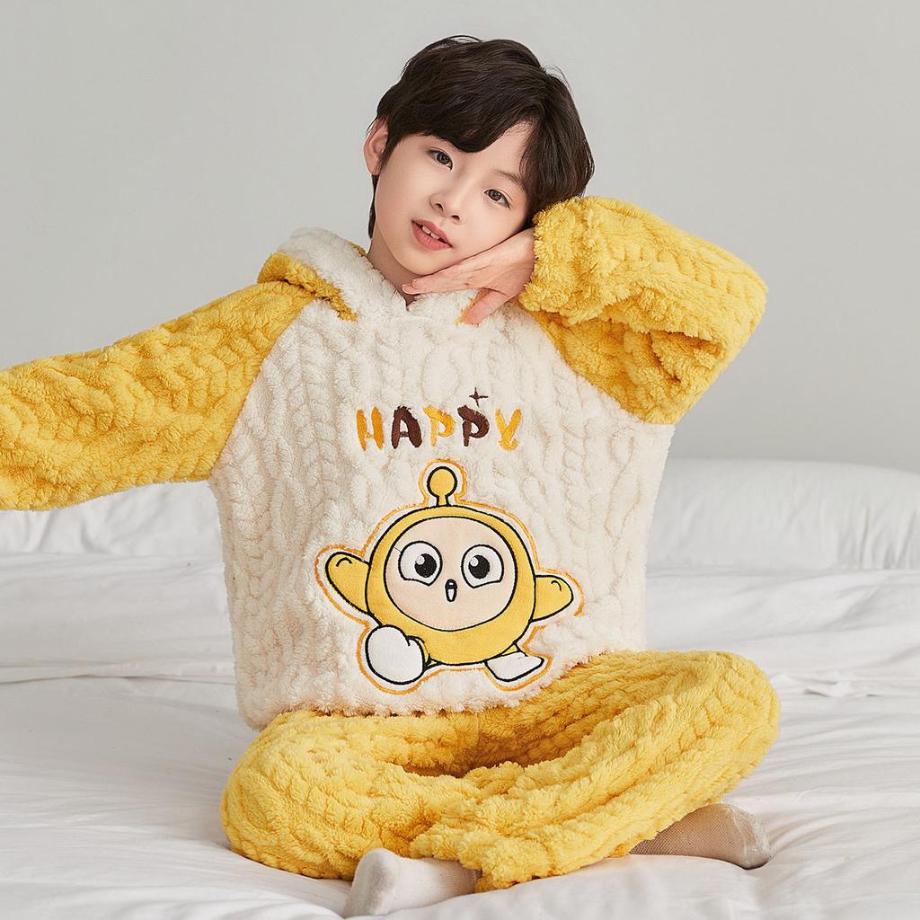 Kids Flannel Pajamas Set Boys Girls Warm Long Sleeve Top And Pants Sleepwear Winter Home Nightwear