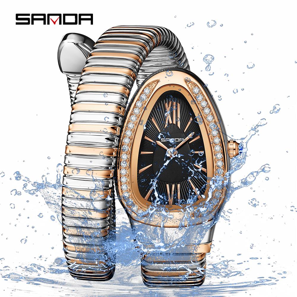 SANDA Fashion Women's Quartz Watch Serpentine Inlaid Diamond Women's Watch Retro Light Luxury Women's Quartz Watch
