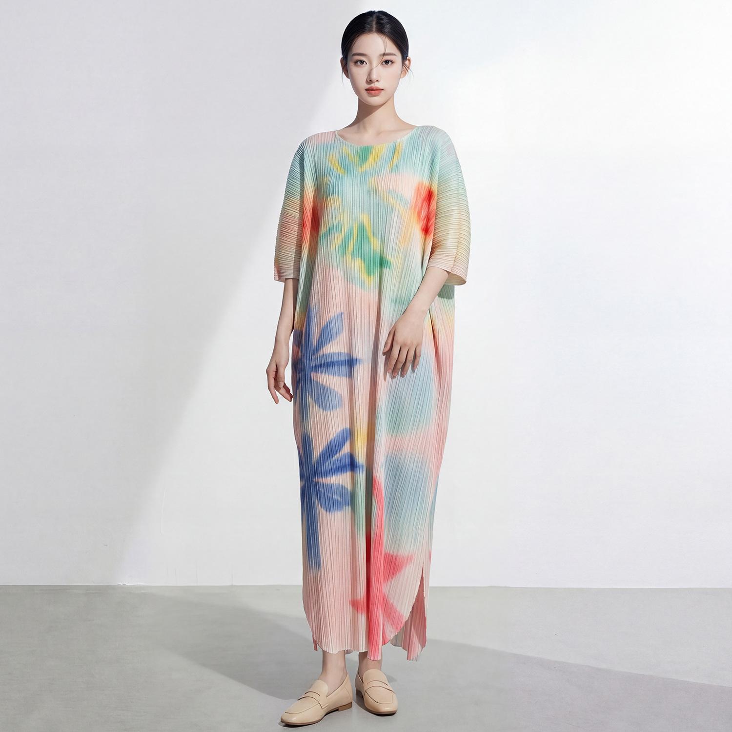 

Miyake Women s Summer Long Dress: High-End, Loose, Plus Size, Printed Batwing Sleeve, Elegant Skirt. One Size розовый