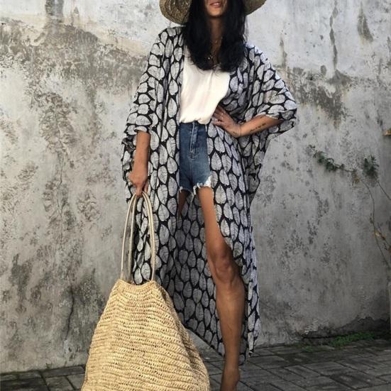 Women Bikini Cardigan Loose Breathable V-Neck Cover-Up Printing Lace-up Design Loose