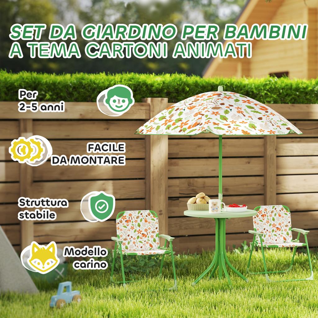 Garden Set for Children Ages 2-5 with Round Table, 2 Folding Chairs and an Umbrella, Green