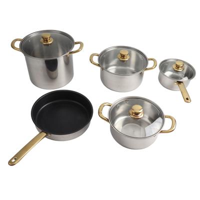 Roestvrijstalen Potten en Pannen Set Ergonomisch Gouden Handvat Multifunctionele Kookgerei Set Kookpotten