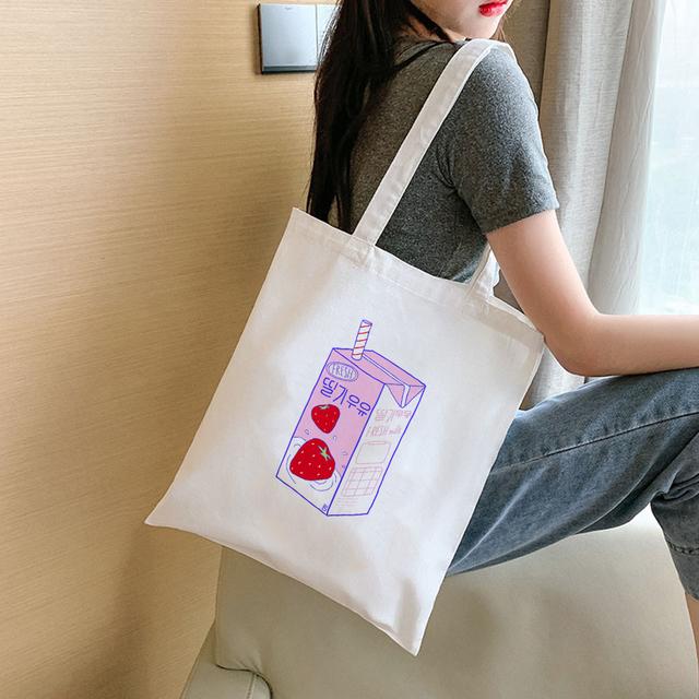 Fashion Women Shopping Bag Peach Milk Strawberry Aesthetic Print Student Book Canvas Bags Reusable Shopper Japanese Kawaii Eco