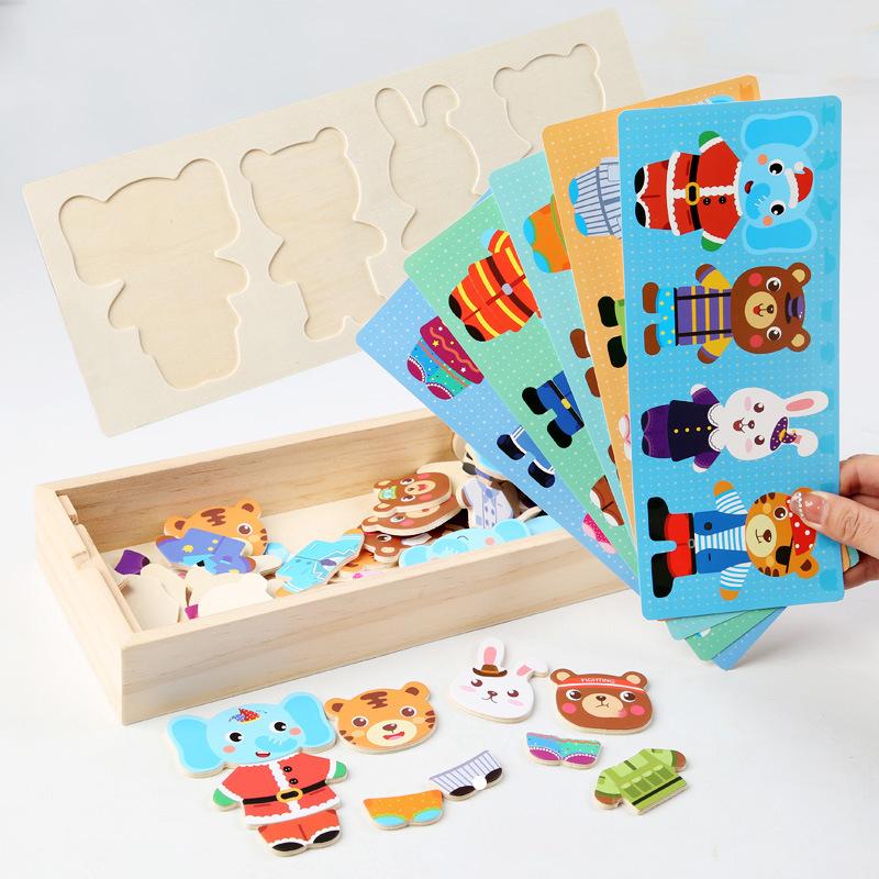 Wooden Dress Up Puzzles Montessori Toys Animal Bear Change Clothes Jigsaw Puzzle Box Matching Games Dressing Kid'S Travel Set
