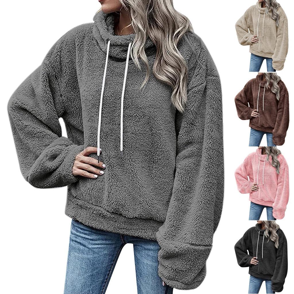 Women's Fashion Leisure Solid Color Long Sleeve Pullover With Drawstring Plush Coat Top