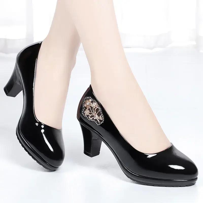 Fashion Comemore Office Square Heel Shoes Spring 2025 Lady Fashion Comfy Shoes Zapatos De Mujer Women Red Sweet Black Pu Leather Pumps