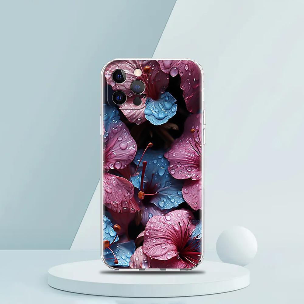 For iPhone 15 16 14 13 12 Mini 11 Pro Max XS X XR SE 7 8 Plus Silicone Clear Cover Beauty Flowers Leaves Luxury Phone Case