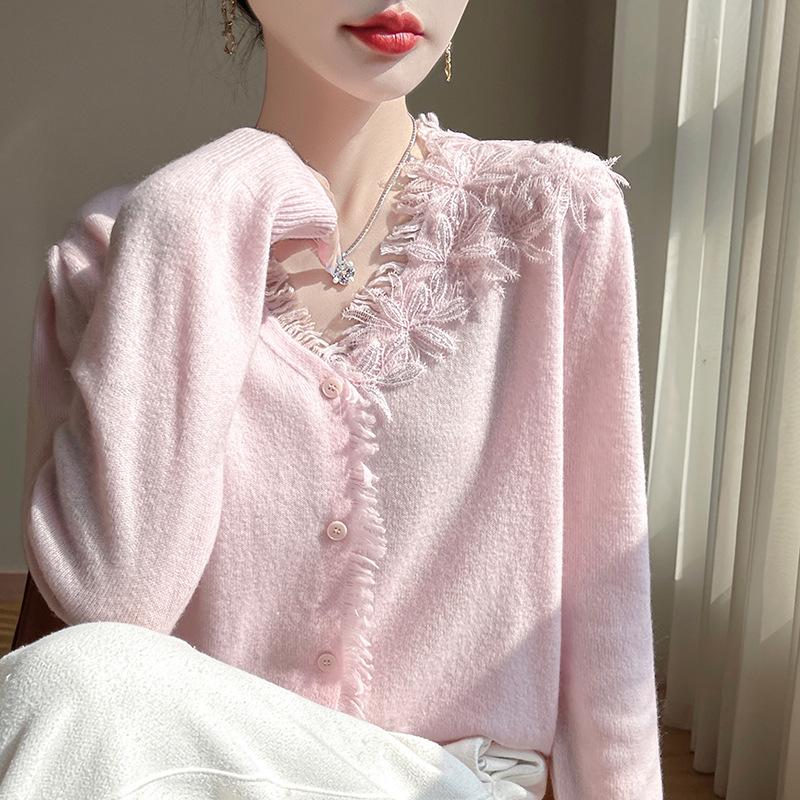 Three-dimensional Floral Knit Cardigan - Autumn/Winter Casual Loose V-neck with Cross Lace Long Sleeves