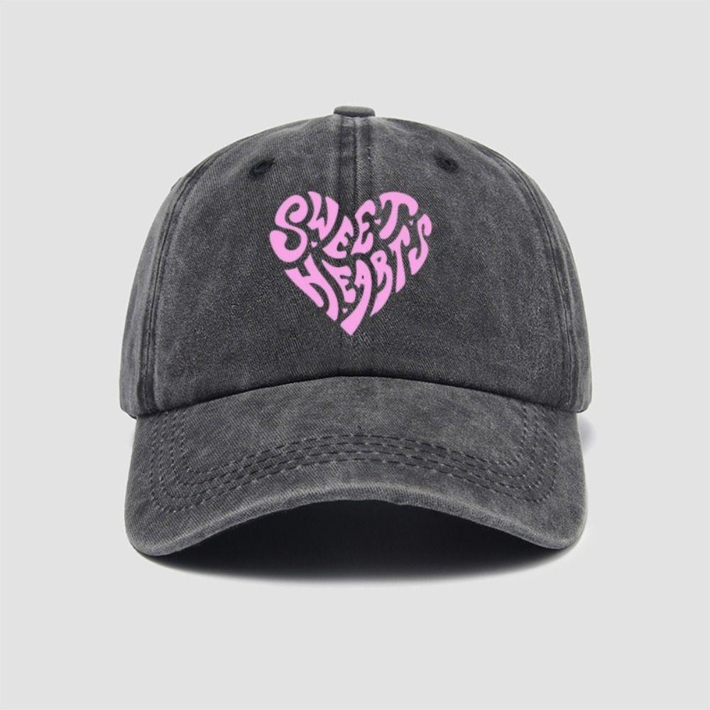 Sweet Heart Printed Visor Baseball Cap Pink Heart-shaped Letter Washed Cotton Peaked Cap Outdoor Leisure Faded