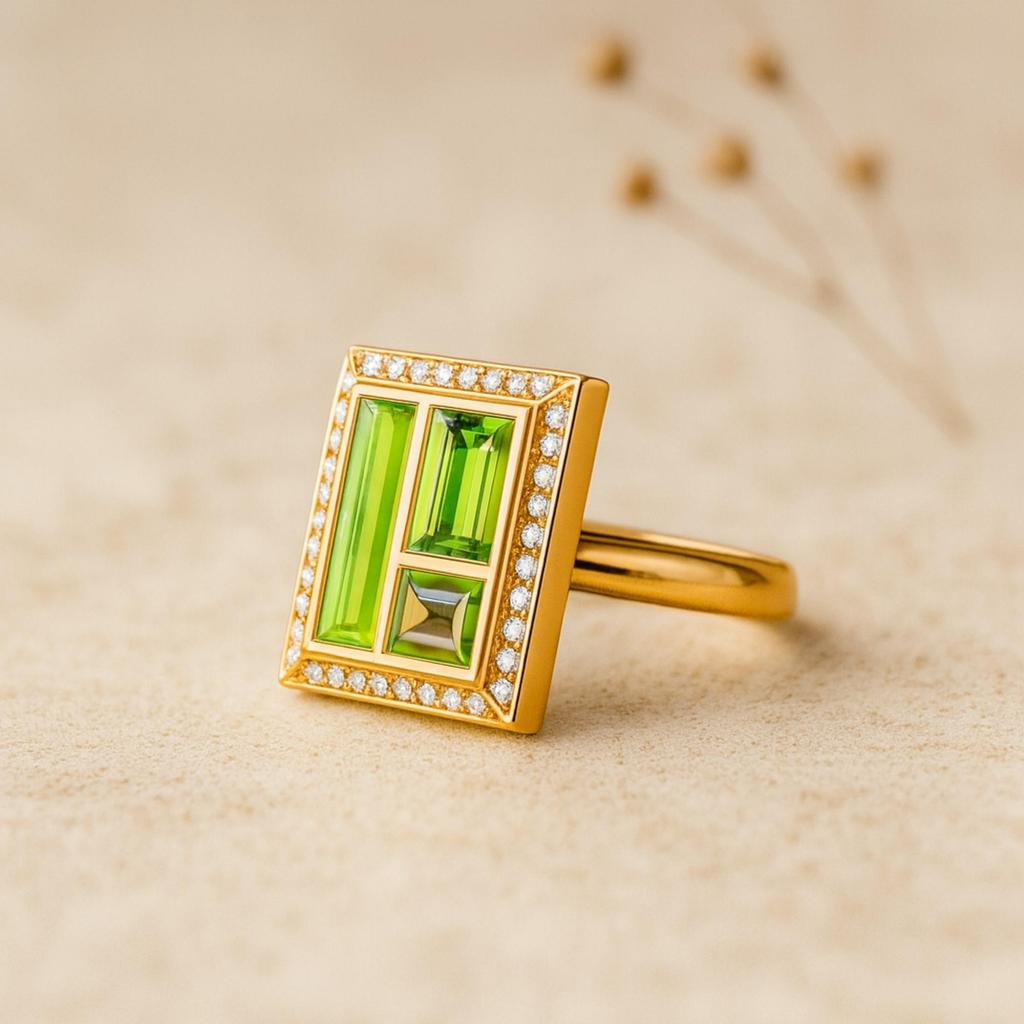 Inel Peridot Tăietură Baghetă cu Halo de Zirconiu Cubic – Argint Sterling 925 Placat cu Aur Inel Cocktail Geometric - Bijuterii Art Deco Cadou
