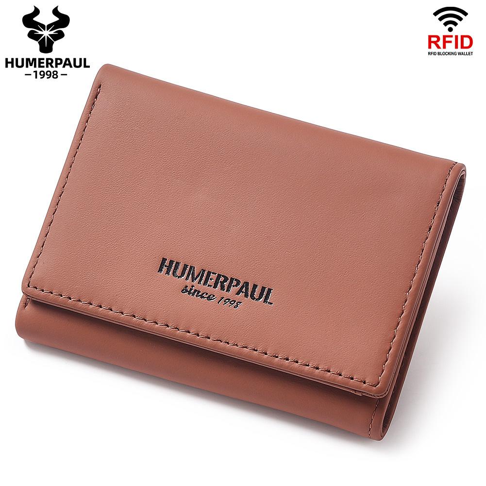 Humerpaul Ladies First Layer Cowhide Three-folding Wallet RFID Anti-theft Brush Portable Wallet Multi-card Slot Large-capacity Multi-compartment