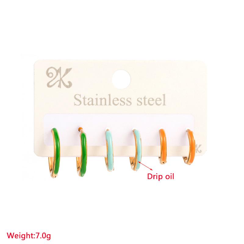 Women Simple Hoop Earrings Six-piece Set Stainless Titanium Steel Drip Oil Circle Gold Color Geometric Ear Ornaments