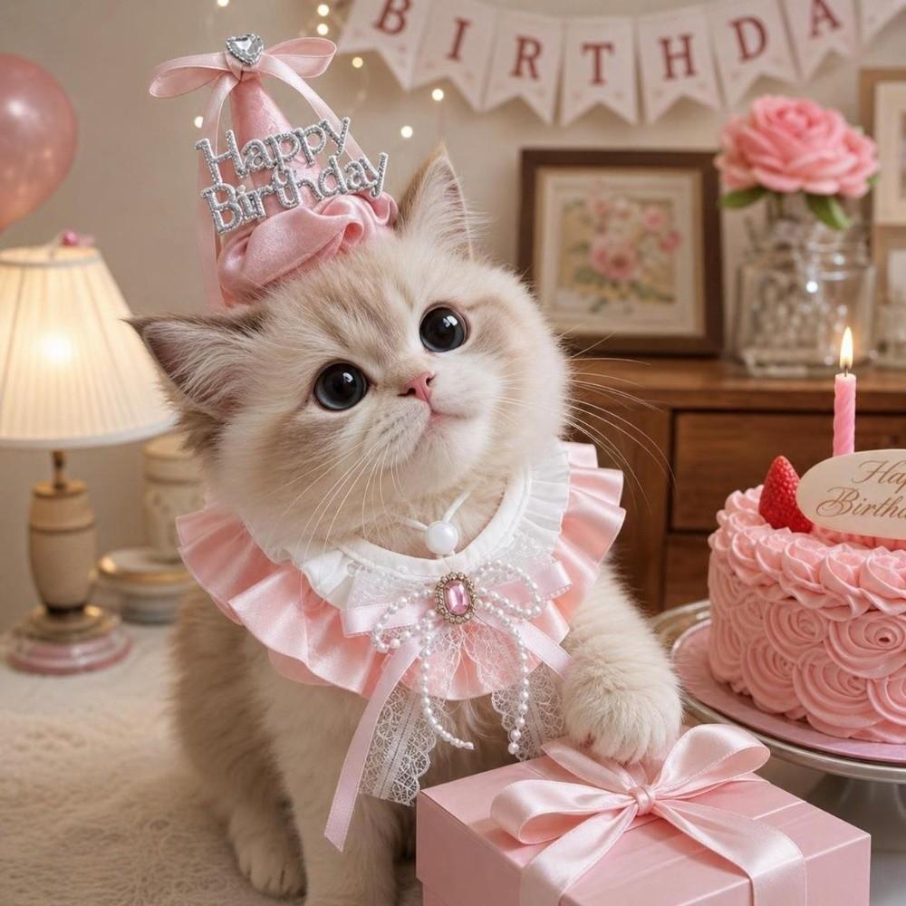 Rhinestone Pet Birthday Hat Scarf Set Cute Cat Princess Hat Pet Birthday Party