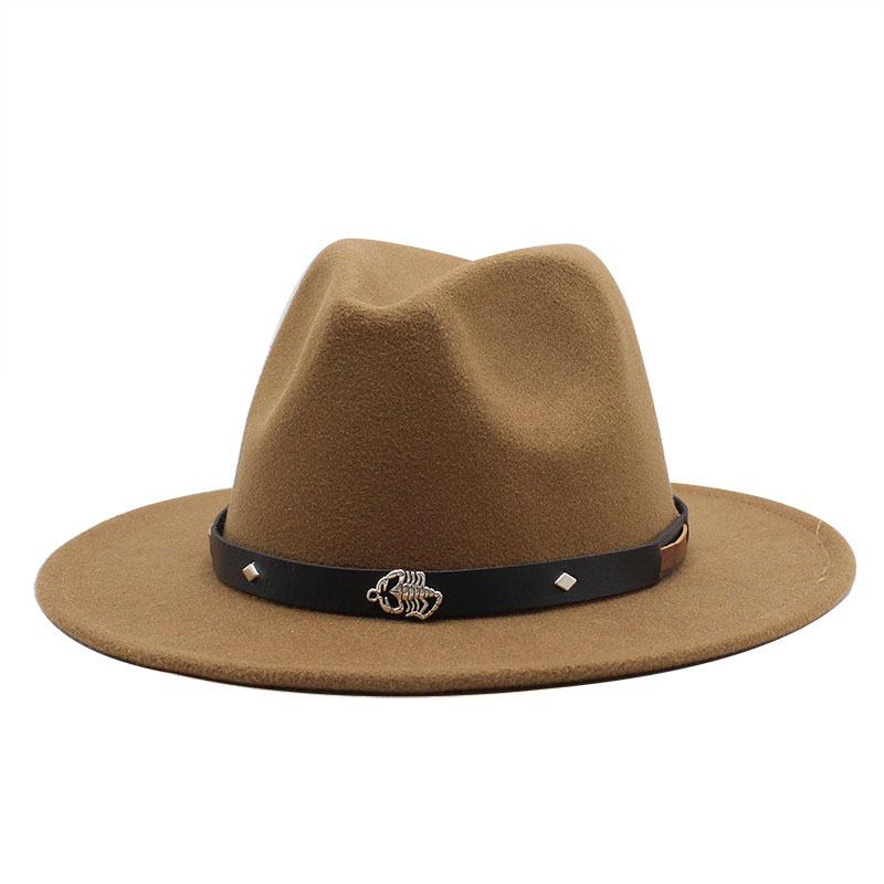 Шляпа из кожи скорпиона женская шерстяная джазовая шляпа сезон британский ретро цилиндр женский тренд M(55-58cm) светло-коричневого