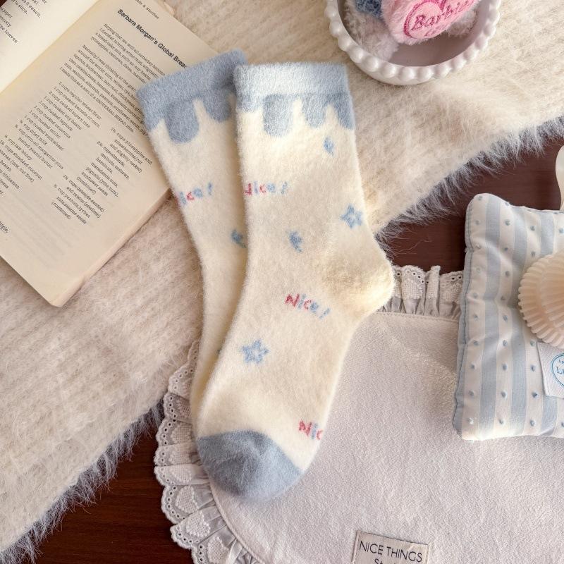 Rabbit Home Cute Girl'S Australian Velvet Socks Sweet Pink Mid-Leg Socks Indoor Versatile Warmth