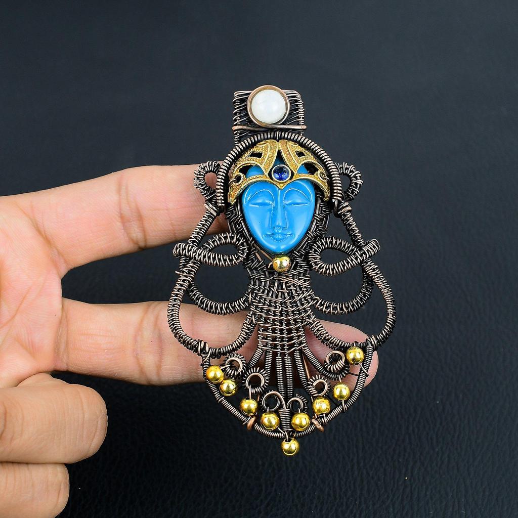 Carved Blue Face & Moonstone Jewelry, 999 Copper Wire Wrapped Pendant Handmade Gemstone Jewelry, Gifts For Wife Brand New Pendant