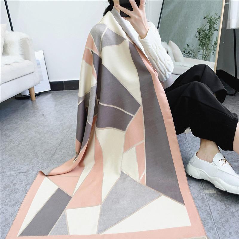 Autumn and Winter Thickened Geometric Color Matching Dual-purpose Shawl Student Scarf Imitation Cashmere Women's Dual-purpose Thermal Scarf