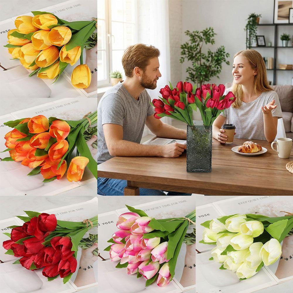 Creative 12 Heads Tulip Artificial Flower Green Leaves Multicolor Simulation Tulip Flower DIY Photo Props Faux Flower Gift