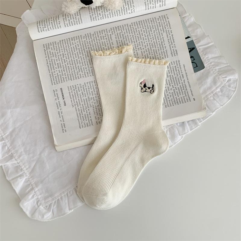 Cartoon Puppy Embroidered Lace Socks for Women's Autumn and Winter Pure Cotton Mid-calf Socks, Trendy Pile Socks