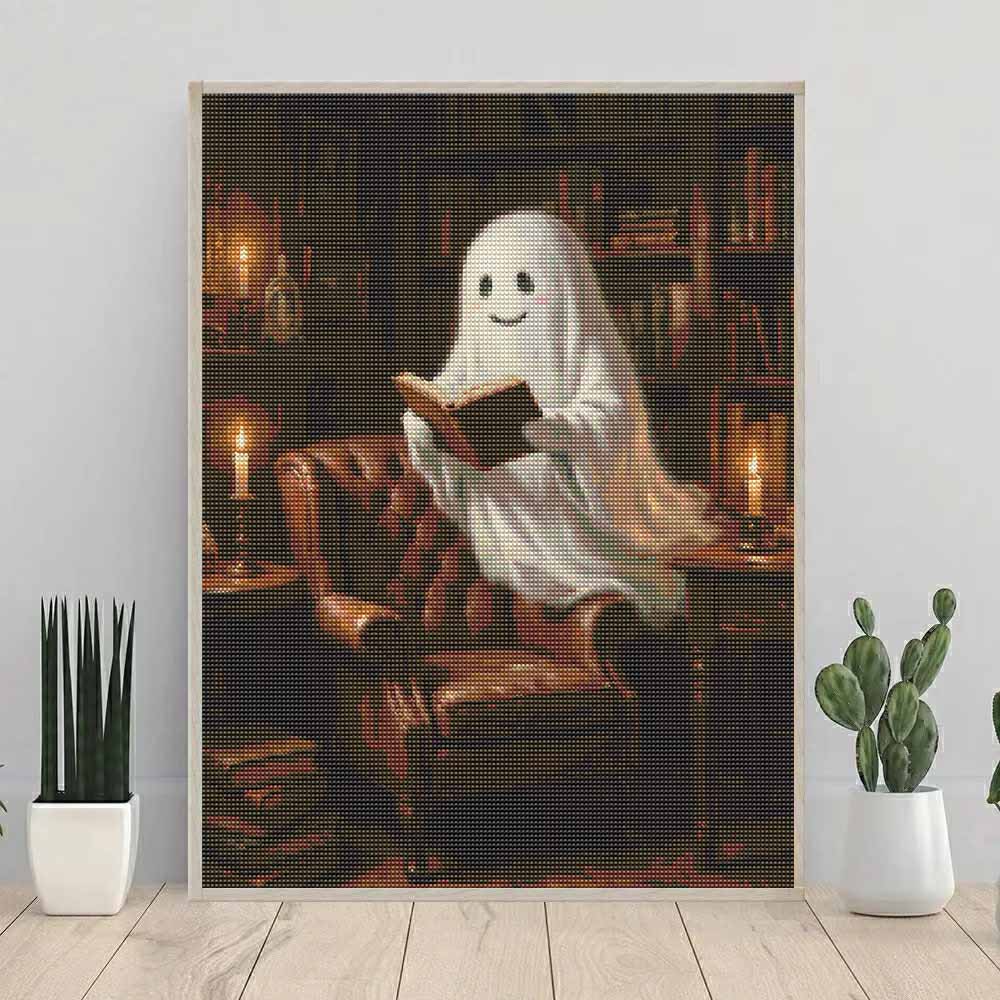 DIY Diamond Painting Kit Spooky Ghost Reading Book 5D Full Drill Canvas Art Creative Craft Gift for Girls and Adults