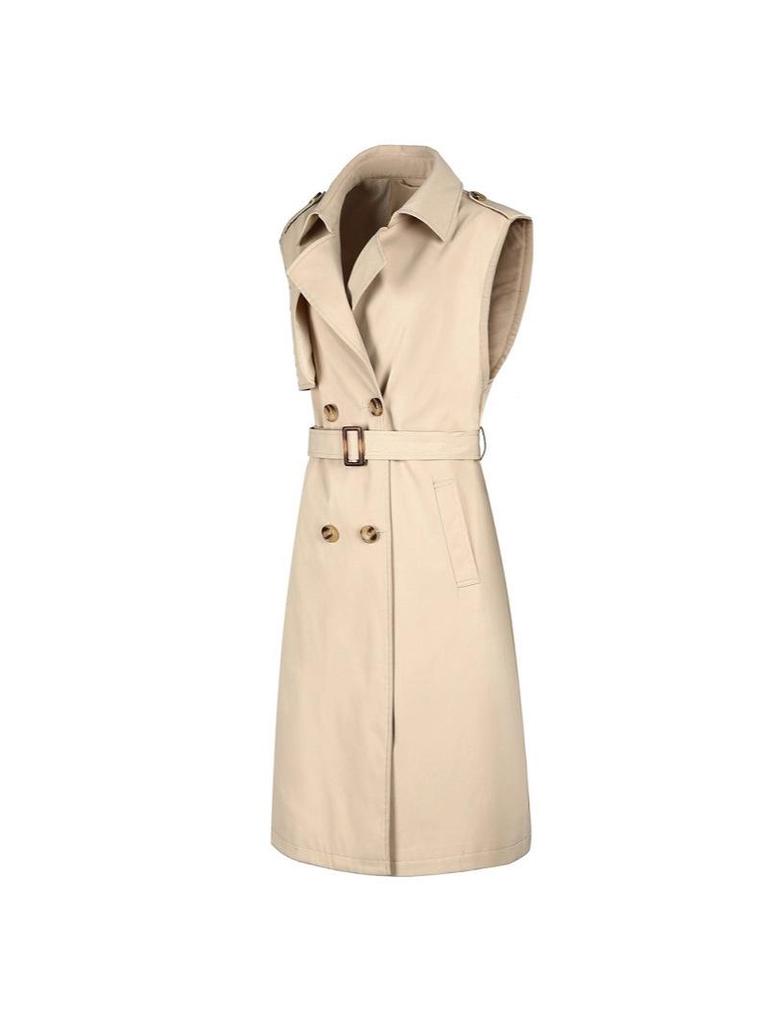 Women's Sleeveless Double-Breasted Trench Coat - Lapel, Belted, Polyester Outerwear, Casual Style