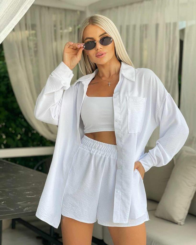2025 Frühling Damen Lockerer Zweiteiler: Langarm-Oberteil & Shorts