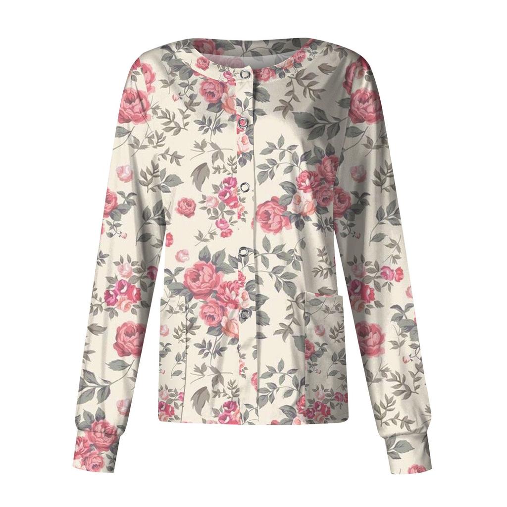 Frauen Langarm Druck Muster Tasche Arbeiten Stehkragen einreiher Schutz Overalls Strickjacke Jacke Top