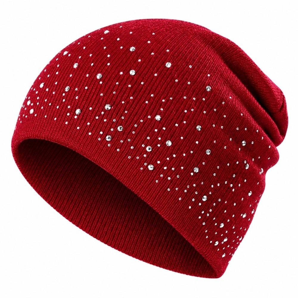 Shiny Rhinestone Decor Pullover Beanie Coldproof Winter Fall Hat Knitted Hat Daily Winter Wear