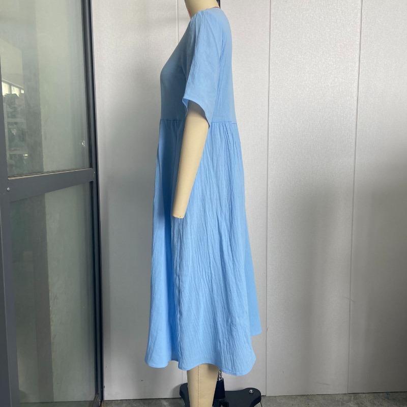 Sommer Neue Rundhals Kurzarm Plus Größe Kleid Frauen Casual Mode Lose Feste Lange Kleider Frauen Elegante Vintage Urlaub Strand Dame Kleid 26306