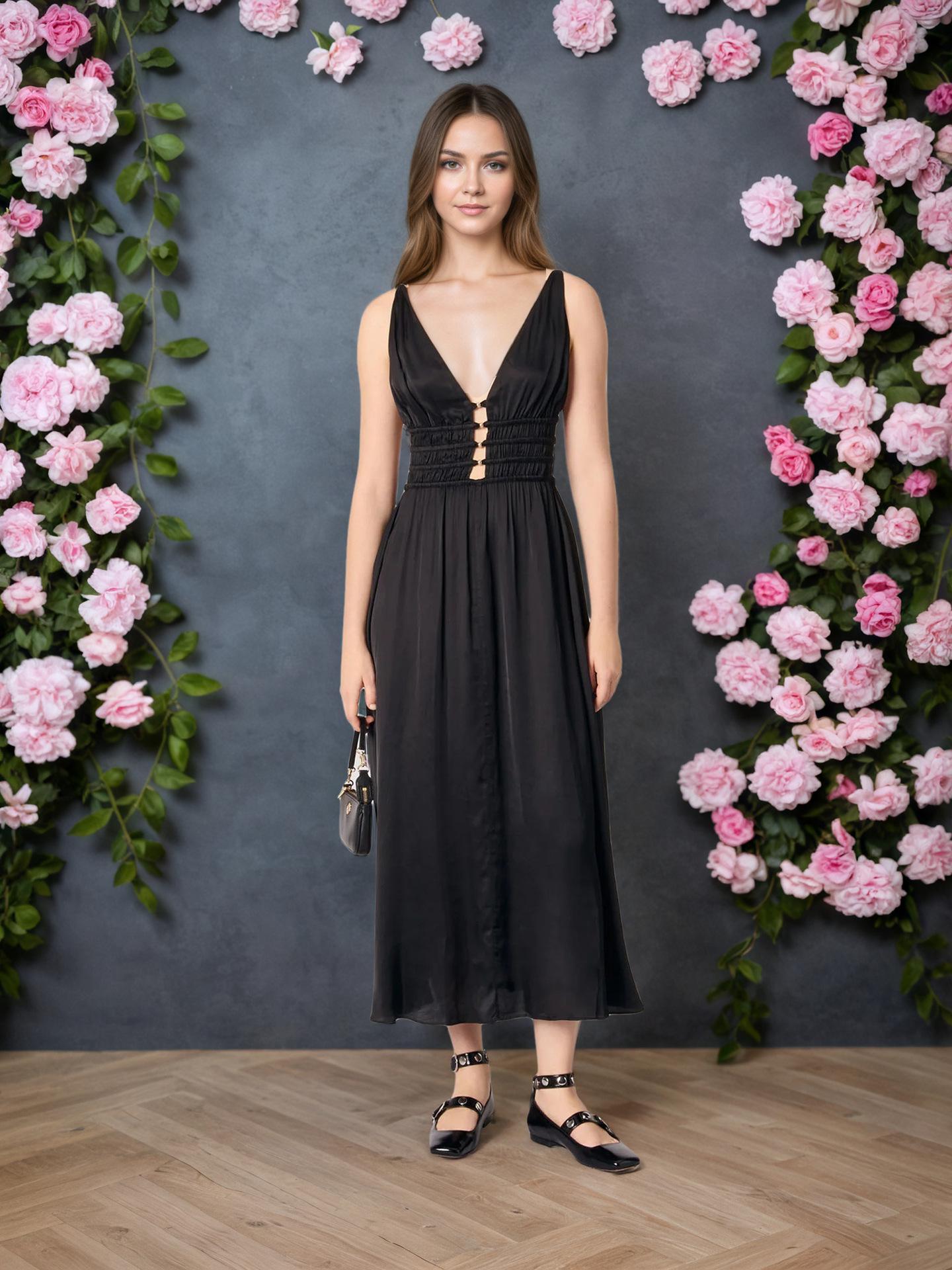 European and American elegant fashion sleeveless deep V black suspender long dress temperament high-end dress women s dress european and american code s
