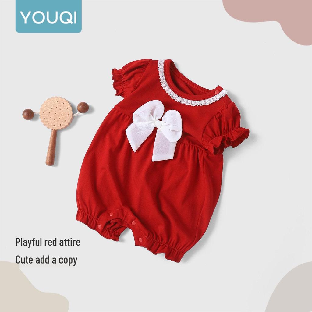 Youqi Baby Girl Red Romper - 26/100 Days or First Birthday Outfit