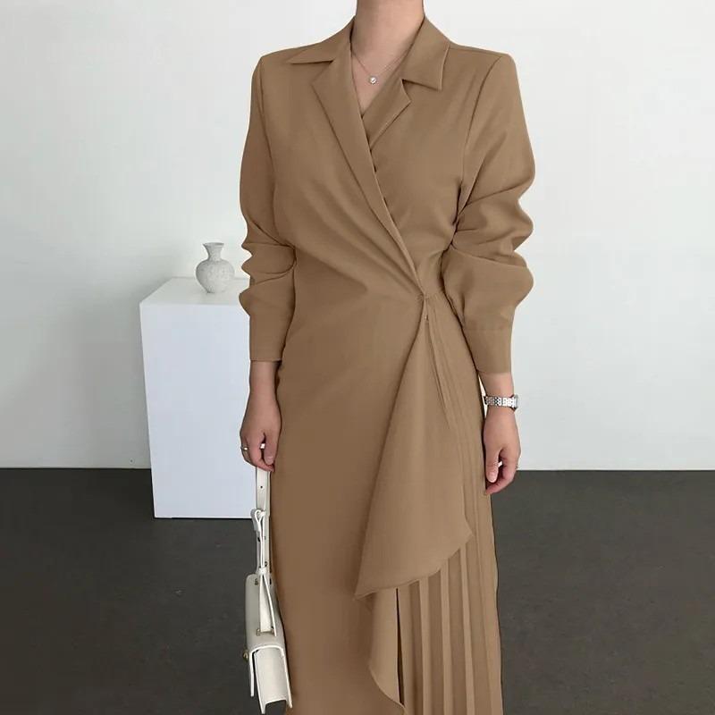 IHUASU Fashion Summer Spring Solid Color Print Long Sleeve V-Neck Casual Dresses
