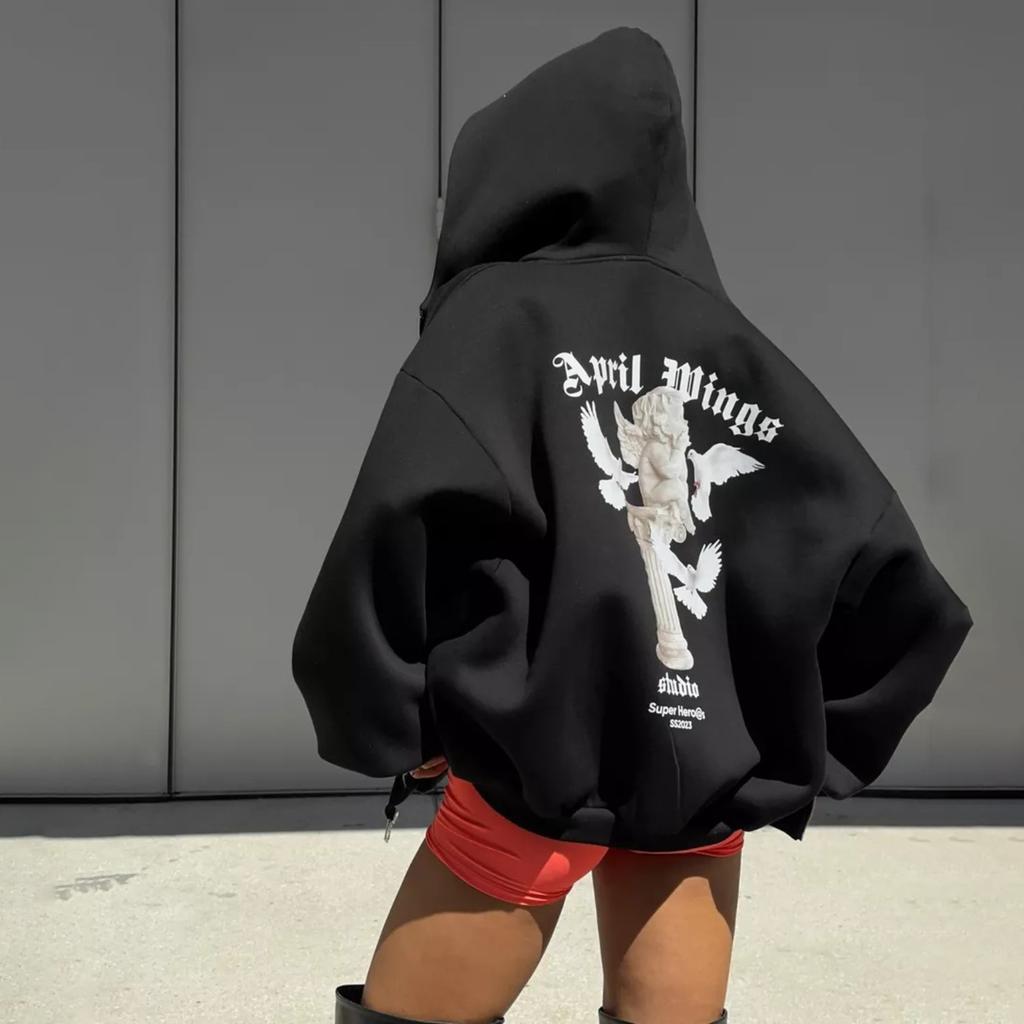 Women's Back Printed Hooded Sweatshirt Fashion Loose Zipper Sweatshirt Jacket