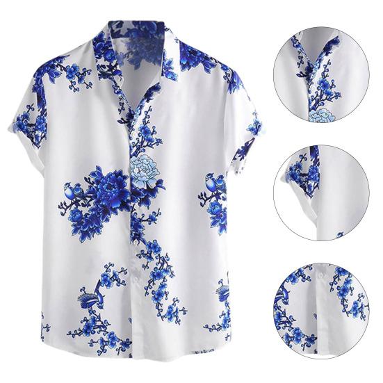 Men Shirt Ink Painting Single-breasted Summer Hawaiian Turndown Collar Top for Party