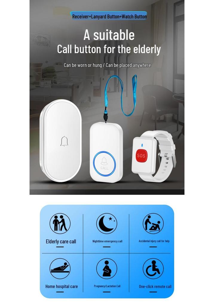 Waterproof Wireless Doorbell with 3 Receivers, 2 Transmitters, Remote Control, Long-Range Elderly Call Device & Wristband.