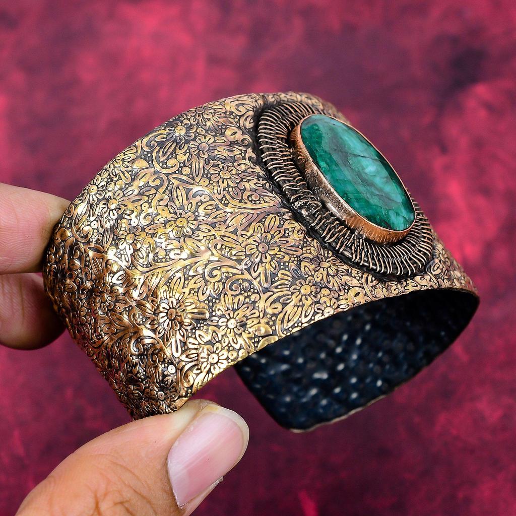 Fasetovaný zambijský smaragdový náramek manžeta měděným drátem ovíjený náramek ručně vyrobený nastavitelný náramek manžeta drahokam měděné šperky dárky pro matku