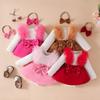 Baby Girl Long-Sleeve Ribbed Romper with Mesh Skirt Hem and Beaded Bow for Autumn and Winter